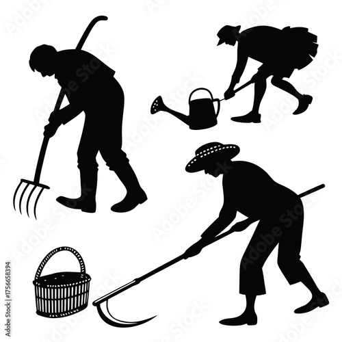 Silhouettes of farmers engaged in various agricultural activities including raking watering harvesting with a scythe and a basket of produce on a white background
