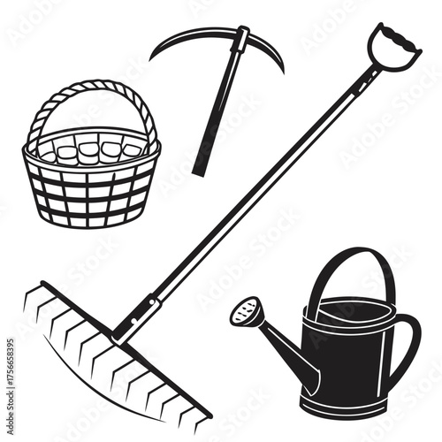 Set of black and white graphic illustrations of essential garden tools including a rake a watering can a pickaxe and a basket for harvesting or planting