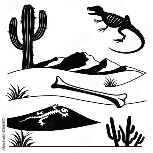 Desert landscape silhouette with cactus mountains and fossilized dinosaur and lizard skeletons and a large bone