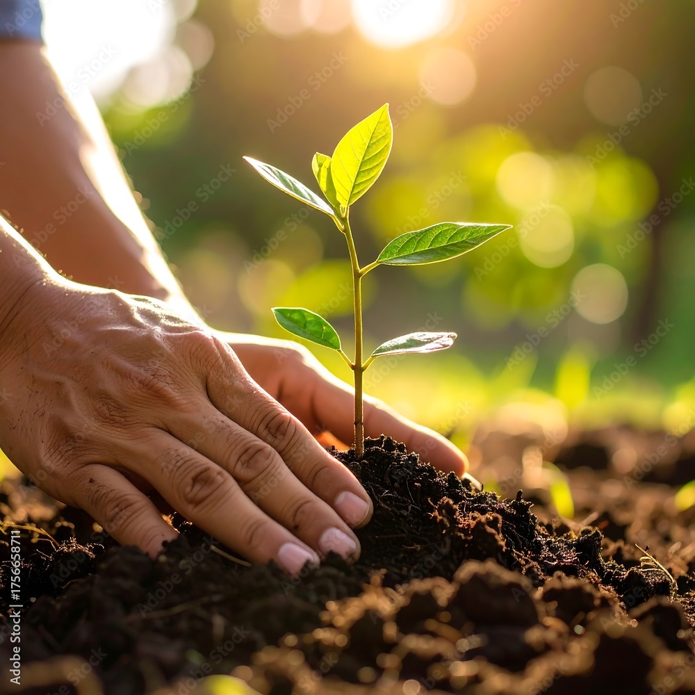 Fototapeta premium Hands planting a young sapling