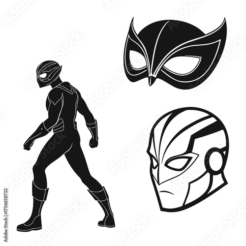 Stylized silhouette of a superhero in action pose alongside two distinct superhero masks on a white background