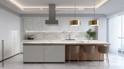 Modern Kitchen Design: A beautifully designed kitchen, featuring sleek, minimalist aesthetics. The space is illuminated by pendant lights, highlighting a marble countertop and contemporary cabinetry.