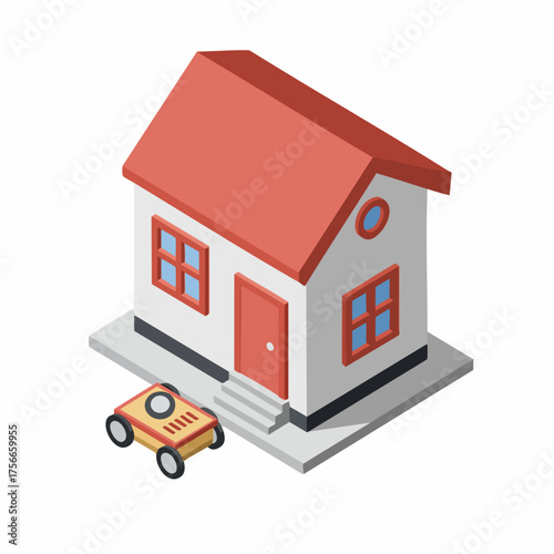 Isometric Cute House with Robotic Lawn Mower Illustration Asset