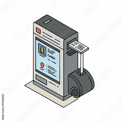 Isometric Detailed Automatic Ticketing Machine Kiosk System Illustration