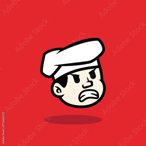 Cartoon face of a happy chef winking with a big smile. Fun and friendly mascot vector illustration on red background. Perfect for restaurant logo or culinary brand identity.