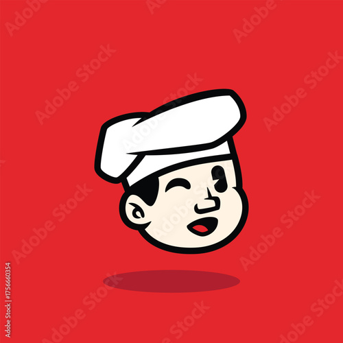 Cartoon face of a happy chef winking with a big smile. Fun and friendly mascot vector illustration on red background. Perfect for restaurant logo or culinary brand identity.
