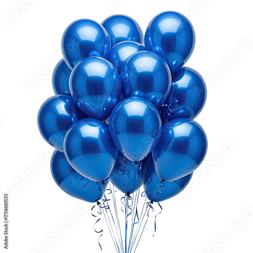 Shiny blue balloon bunch with ribbons on a black background