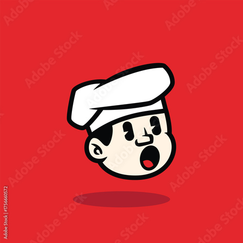 Cartoon face of a happy chef winking with a big smile. Fun and friendly mascot vector illustration on red background. Perfect for restaurant logo or culinary brand identity.