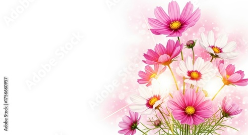 Bright and Elegant Pink and White Cosmos Flowers Illustration on White Background