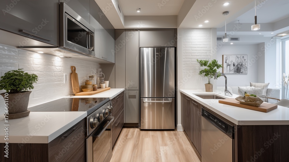 Fototapeta premium Modern Kitchen Interior: A contemporary kitchen design featuring sleek stainless steel appliances, contrasting cabinetry, and bright lighting, creating a functional and stylish culinary space.