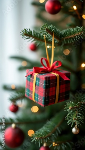 A red and green plaid gift box hanging from a Christmas tree.