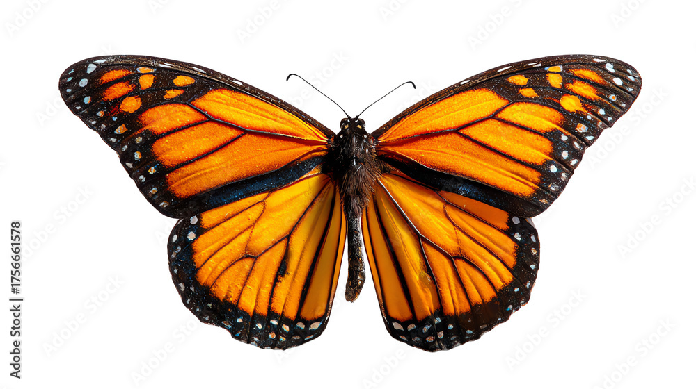 Fototapeta premium Majestic Monarch Butterfly: A close-up shot of a radiant Monarch butterfly with intricate patterns and vibrant wings, showcasing the beauty of nature's design.