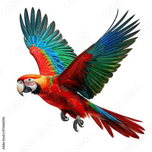 Flying macaw displays vibrant red, blue, green, and yellow feathers