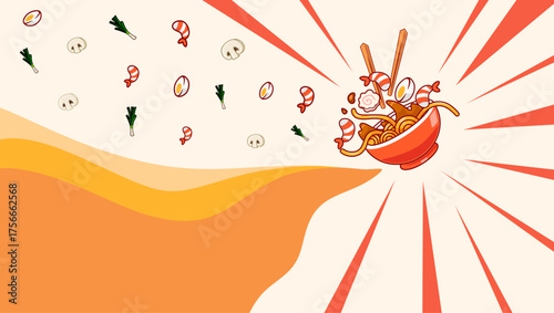 Vibrant Ramen Bowl Explosion With topping In Bold Burst
