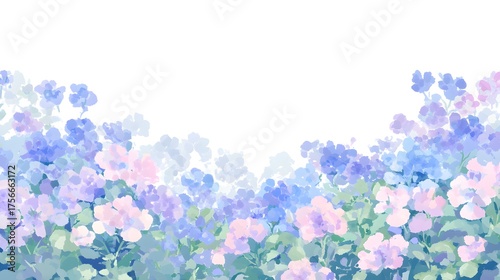 Gentle pastel blue and pink flowers bloom abundantly in a soft watercolor garden scene.