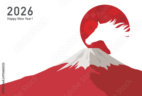 午年の年賀状テンプレート　馬と富士山と日の出