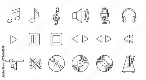 Vector  illustration showing music and audio icons including notes, microphone, and playback controls icons