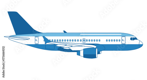 Vector  side view of a blue and light blue airplane with windows and wings in an illustration style