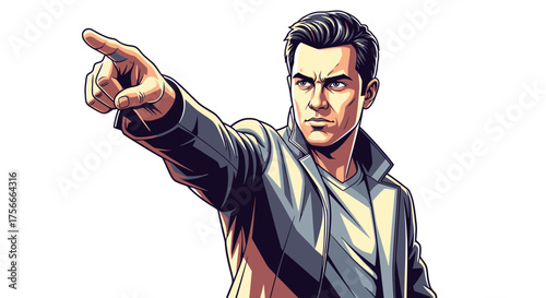 Vector  illustration of a man in a jacket pointing his finger to the left with a serious expression