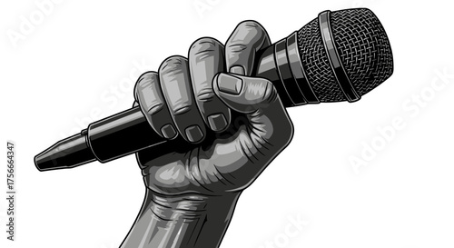 Vector  illustration of a clenched fist holding a microphone with detailed shading and textures shown