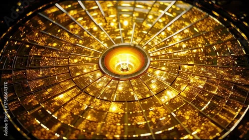 Stunning golden circular design radiates light, showcasing intricate patterns and reflections, creating mesmerizing futuristic visual effect