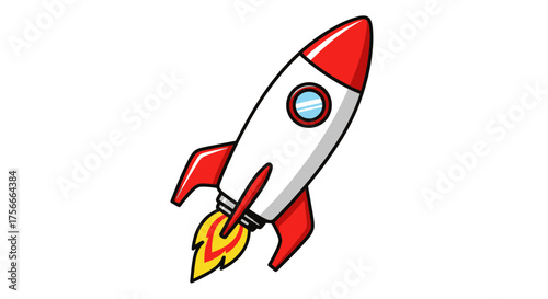 Vector  illustration of a red and rocket ship launching with flames and a porthole on the side view image