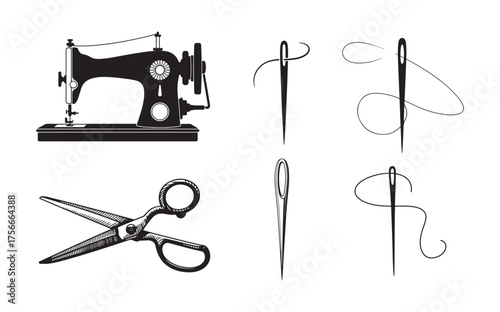 Sewing Tools Silhouette Vector – Needle, Thread, Machine, Scissors Clip art.