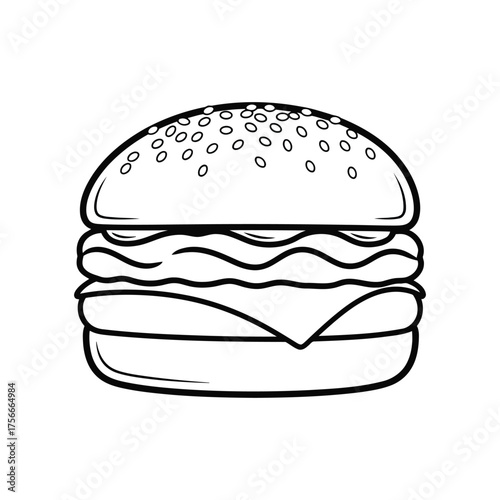 Vector illustration of outline drawing of a hamburger with sesame seed bun