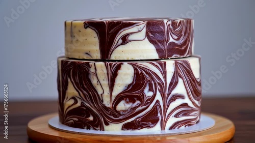 Two-Tiered Swirled Chocolate and Vanilla Cake on Wooden Stand for Celebration