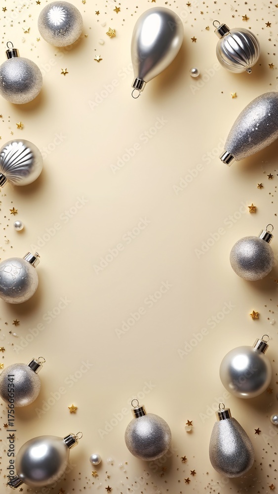 Fototapeta premium A border of silver and gold Christmas ornaments on a beige background.