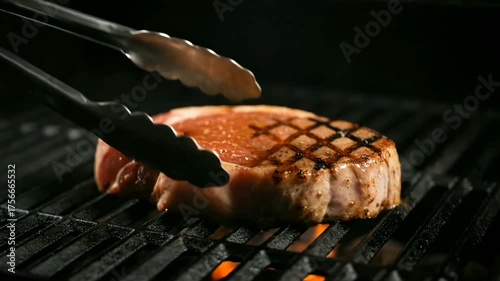 thick steak grilling on hot bbq with sizzle and smoke