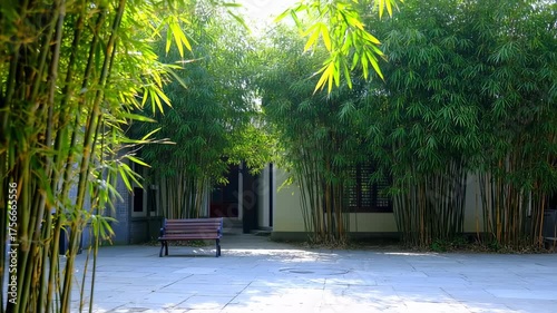 Serene Bamboo Forest Oasis with a Wooden Bench for Tranquil Relaxation