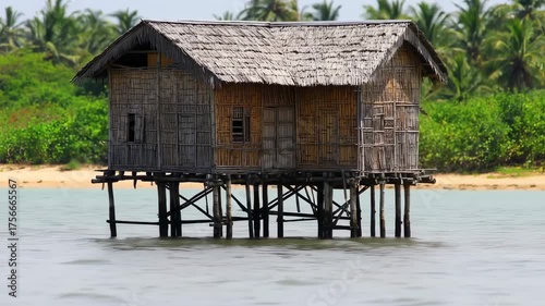 Picturesque view of stilt houses on tropical beach coast with clear ocean water