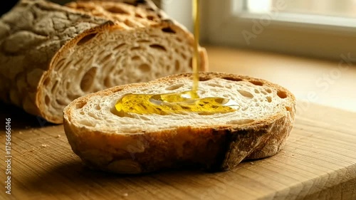 pouring olive oil onto freshly sliced sourdough bread