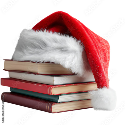 Stack of books with a santa hat isolated on transparent background.