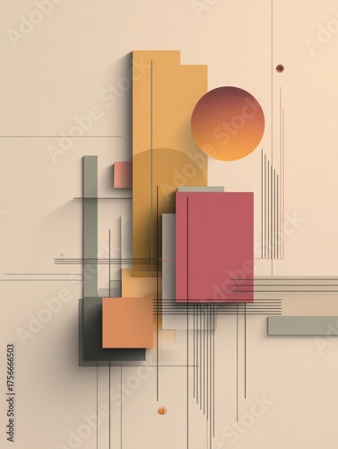 Abstract Geometric Composition with Colorful Blocks and Lines on Neutral Background