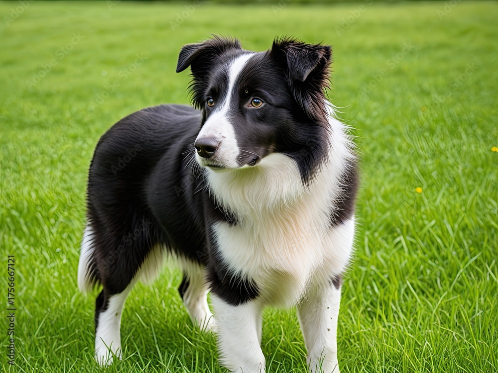 Fototapeta premium Black & white dog, standing alert in vibrant green grass field