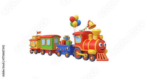 Cartoon train with balloons presents bell and festive decorations for kids