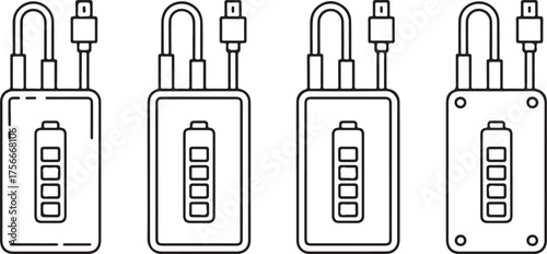Set of Power Bank Icons – Charging Cable, Battery Indicator, and USB Ports Outline
