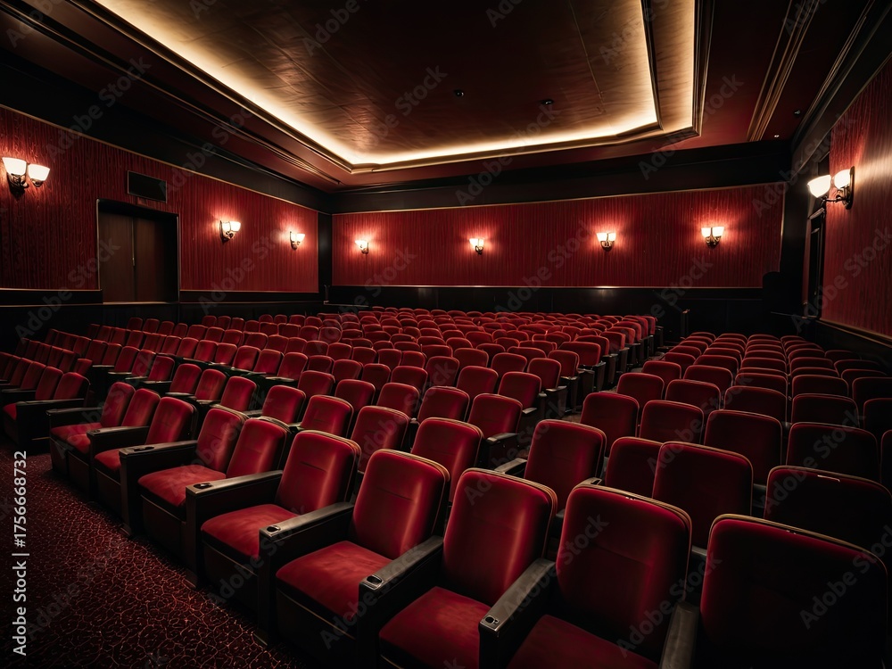 Fototapeta premium Luxurious private movie theater with plush red seating and ornate lighting
