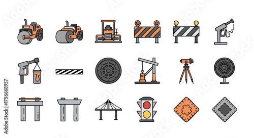 A vibrant illustration showcasing various construction equipment and roadwork elements, perfect for design and infrastructure projects.