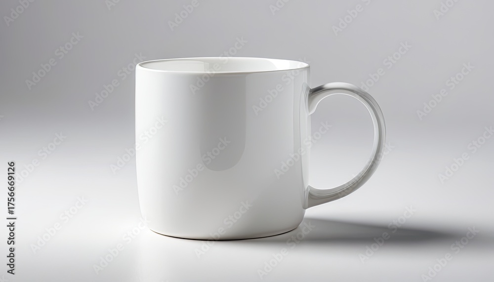Fototapeta premium White ceramic mug with rounded shape, casting shadow, minimalist design