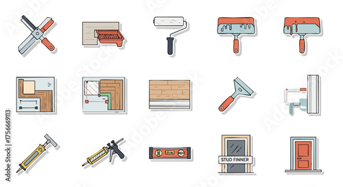 A collection of vector illustrations depicting various construction tools and equipment, perfect for DIY projects and home improvement themes.