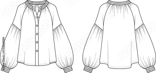 Blouse fashion sketch, raglan sleeve garment flat drawing, partial button placket curved hem detail, front back view, cad drawing flat vector illustration