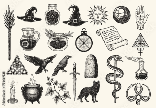 Vintage black engraving illustration of mystical witchcraft elements, potion bottles, snakes, symbols, birds, dagger, candle, and moon.