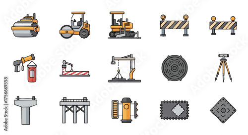 A collection of construction icons showcasing various equipment and tools used for building and infrastructure projects, vector illustration.