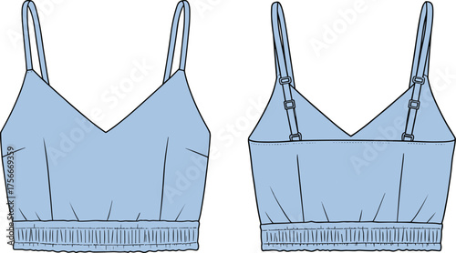 CAD drawing flat vector illustration, bralette fashion sketch, adjustable strap lingerie, elastic band design, front and back view, garment template