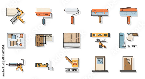 Collection of illustrated construction tools and materials, perfect for design and decoration projects, with a clean and modern aesthetic.