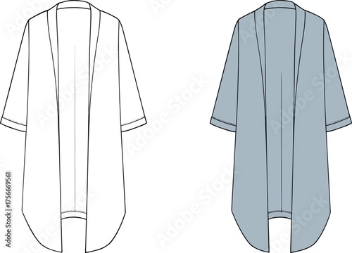 CAD drawing flat vector illustration, kimono cardigan sketch, fashion design template, front and back view, garment construction, draped outerwear, sleeve detail