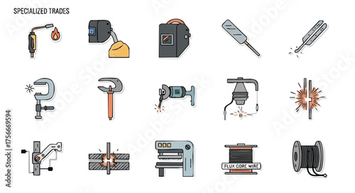 Illustrated icons of specialized trades, showcasing welding tools and equipment, perfect for industrial or construction-themed designs.